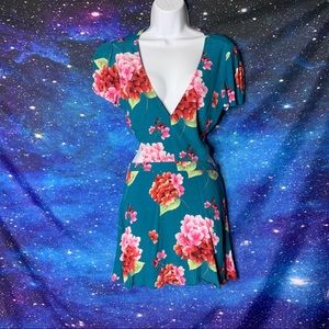 Pro Y Fashion- V-neck Teal Floral Dress size Small